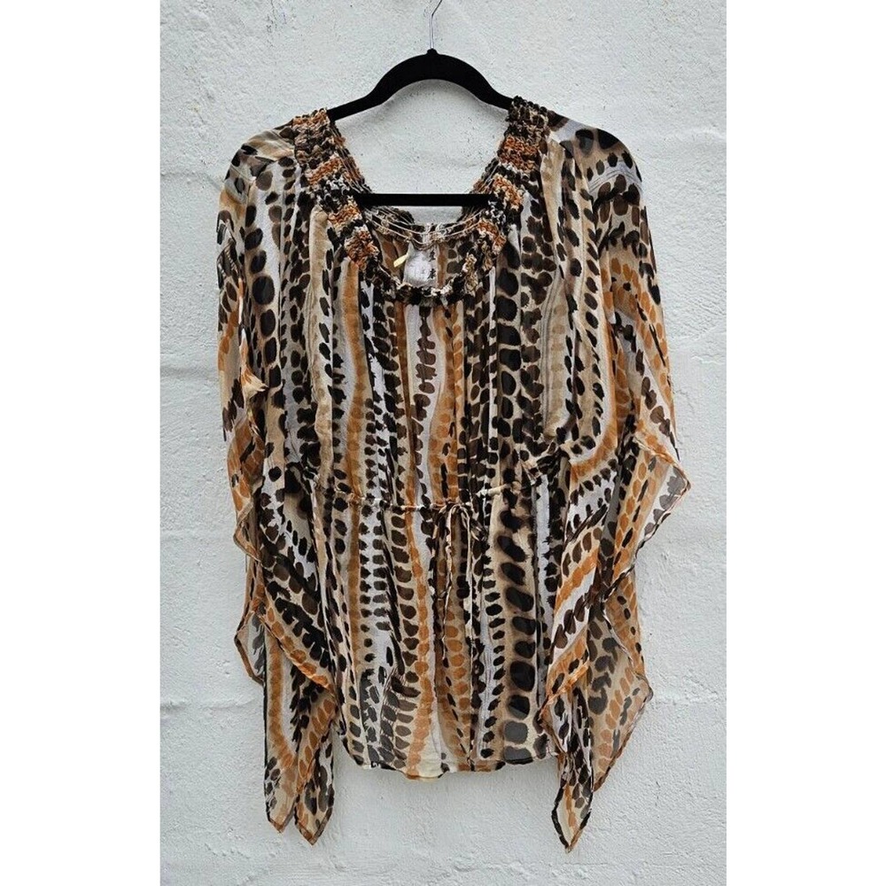 Da Nang Blouse Women Small Tan Brown 100% Silk Sheer Animal Print Kimono Tie Top